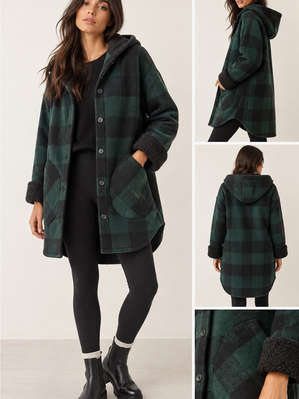Cozy Hooded Plaid Shacket - Green/Black